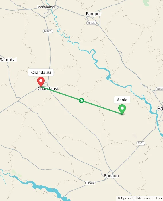 Route map showing distance and travel time from Aonla, India to Chandausi, India