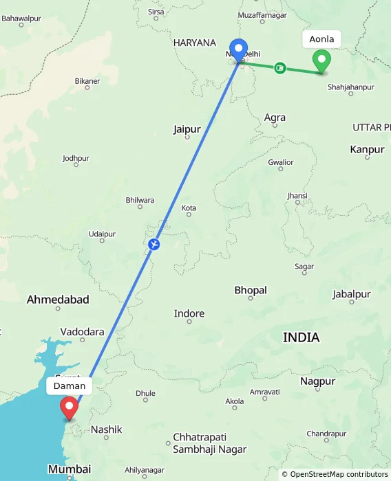 Route map showing distance and travel time from Aonla, India to Daman, India