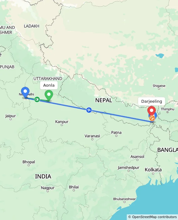 Route map showing distance and travel time from Aonla, India to Darjeeling, India