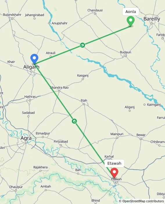Route map showing distance and travel time from Aonla, India to Etawah, India
