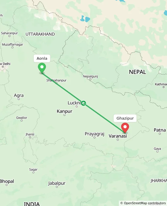 Route map showing distance and travel time from Aonla, India to Ghazipur, India