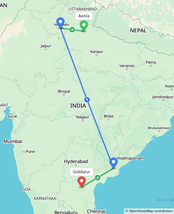 Route map showing distance and travel time from Aonla, India to Giddalur, India