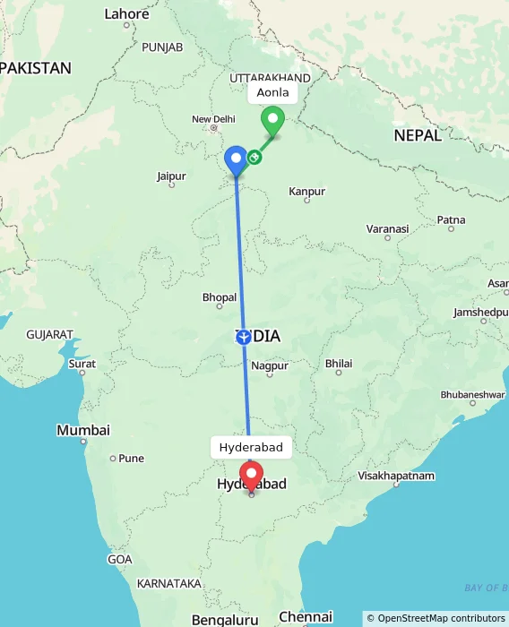 Route map showing distance and travel time from Aonla, India to Hyderabad, India
