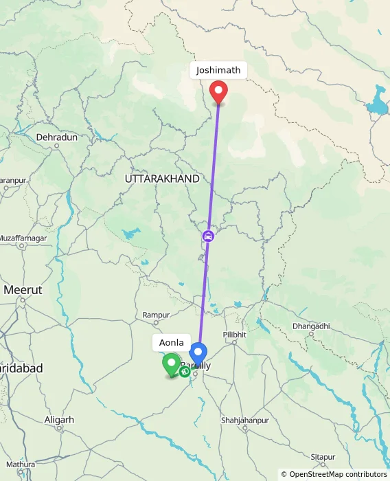 Route map showing distance and travel time from Aonla, India to Joshimath, India