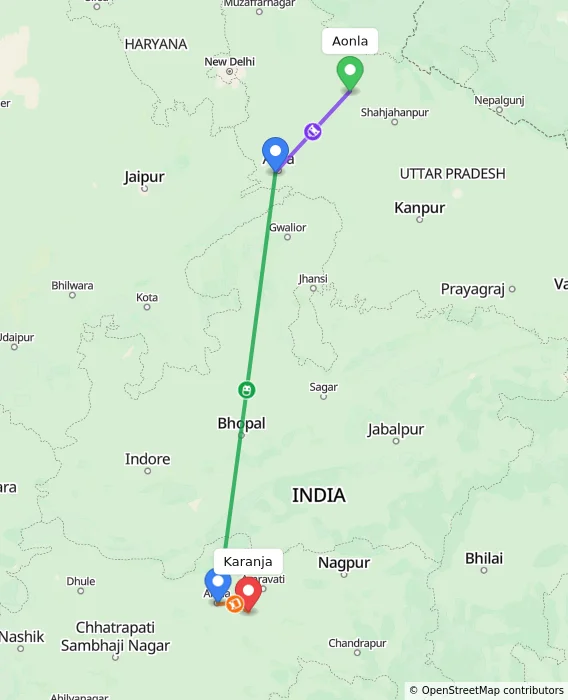 Route map showing distance and travel time from Aonla, India to Karanja, India