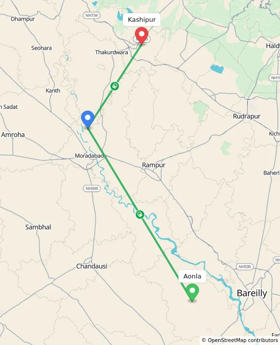 Route map showing distance and travel time from Aonla, India to Kashipur, India
