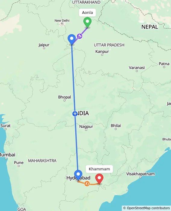 Route map showing distance and travel time from Aonla, India to Khammam, India