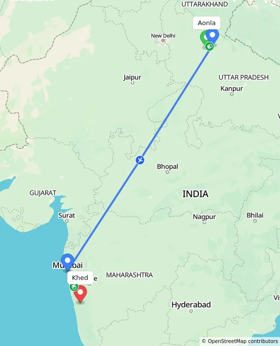 Route map showing distance and travel time from Aonla, India to Khed, India