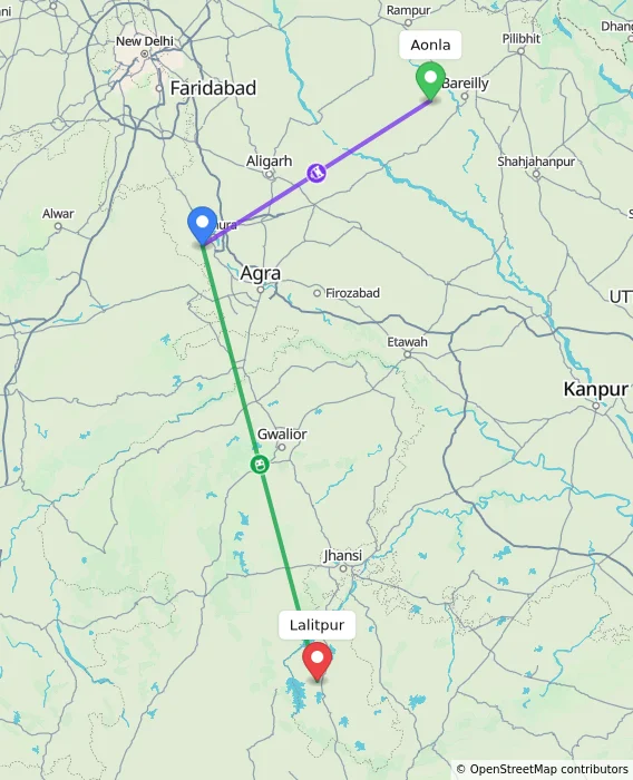 Route map showing distance and travel time from Aonla, India to Lalitpur, India