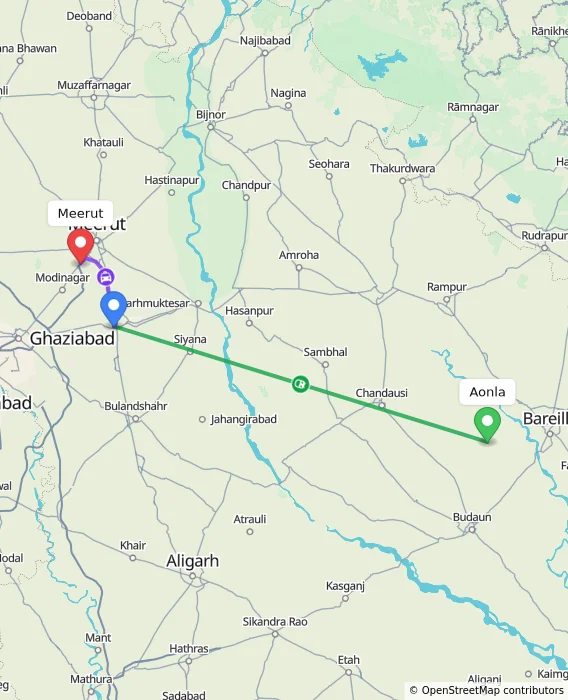 Route map showing distance and travel time from Aonla, India to Meerut, India
