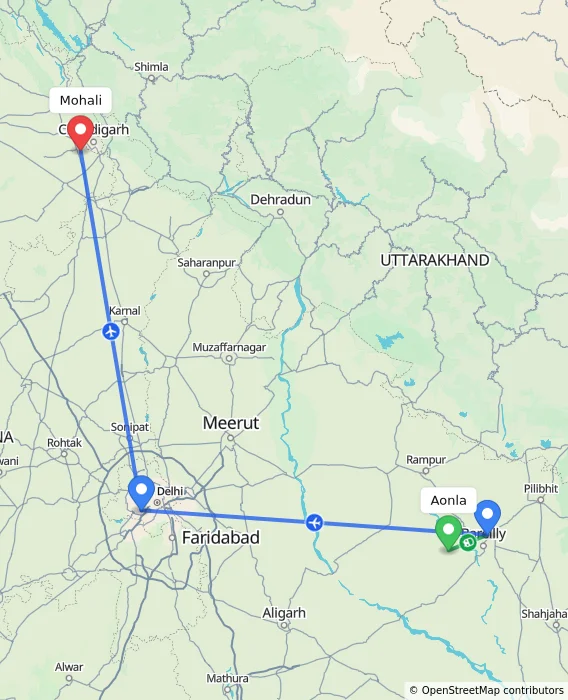 Route map showing distance and travel time from Aonla, India to Mohali, India
