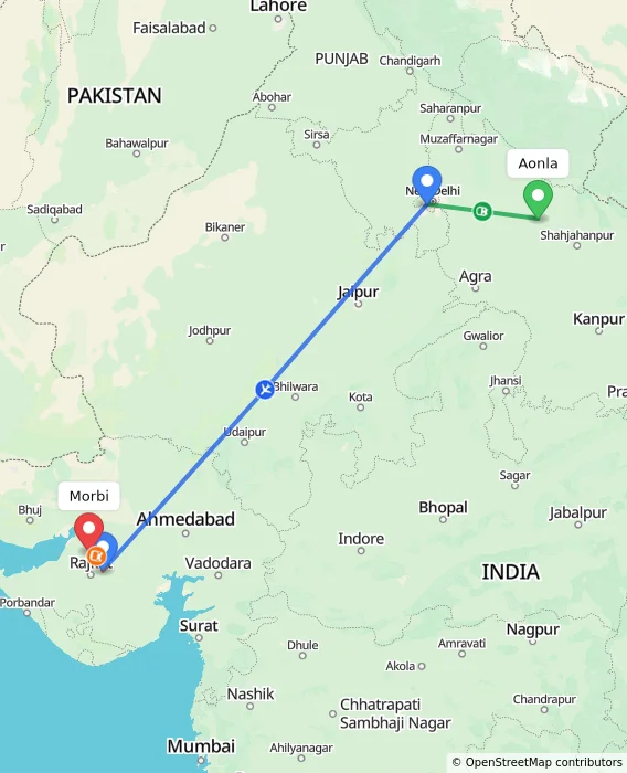 Route map showing distance and travel time from Aonla, India to Morbi, India