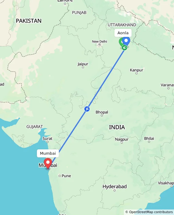 Route map showing distance and travel time from Aonla, India to Mumbai, India