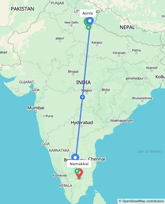 Route map showing distance and travel time from Aonla, India to Namakkal, India