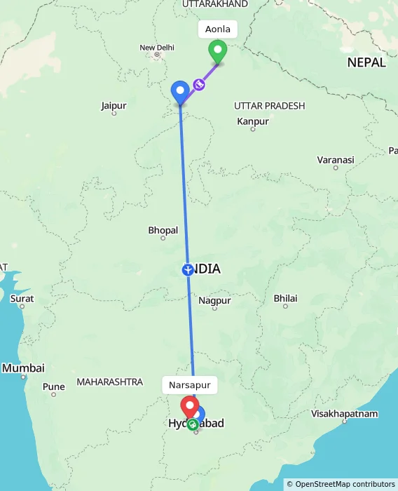 Route map showing distance and travel time from Aonla, India to Narsapur, India
