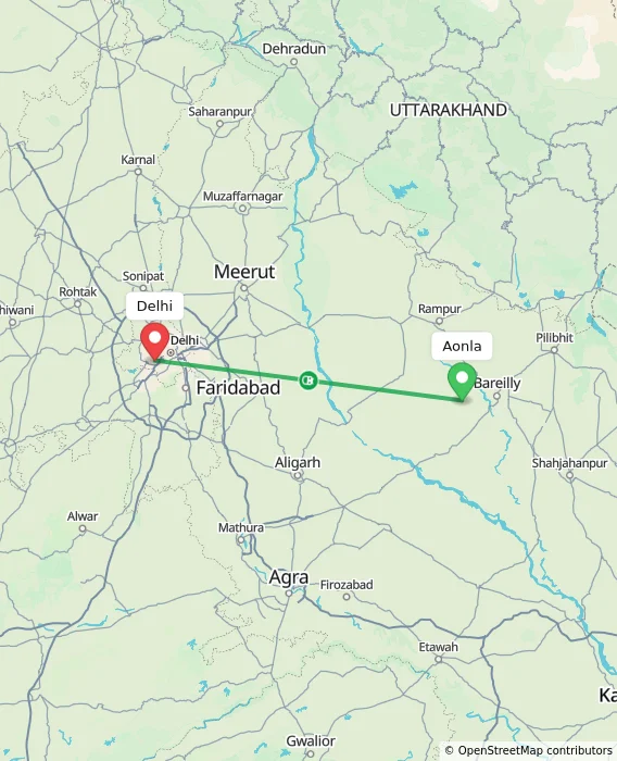 Route map showing distance and travel time from Aonla, India to Delhi, India