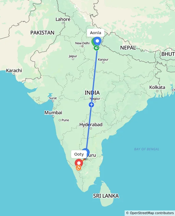 Route map showing distance and travel time from Aonla, India to Ooty, India