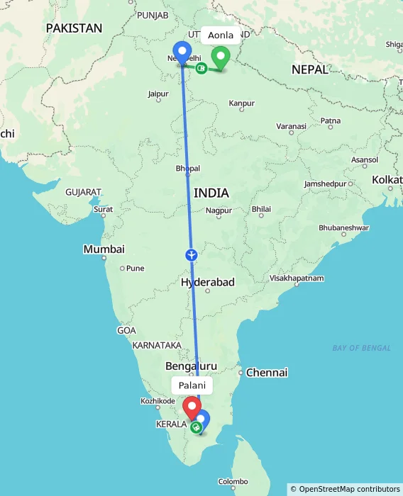 Route map showing distance and travel time from Aonla, India to Palani, India