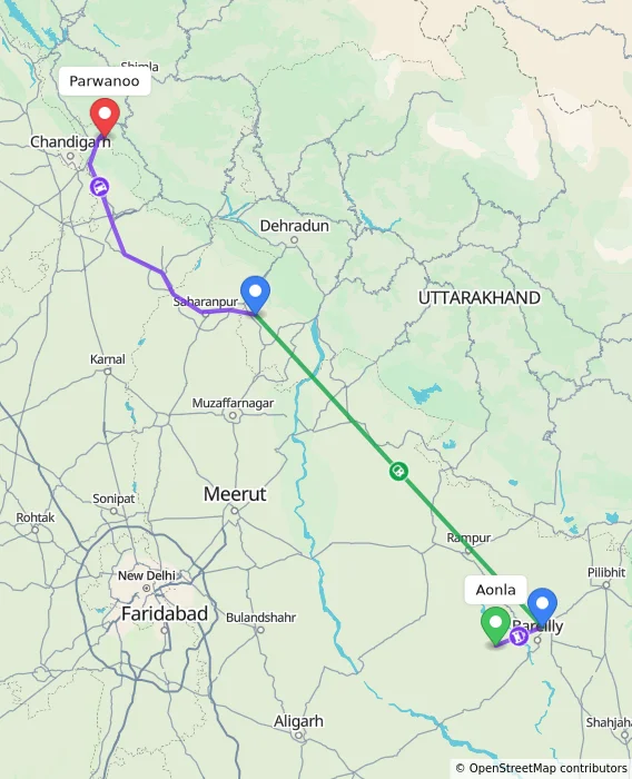 Route map showing distance and travel time from Aonla, India to Parwanoo, India