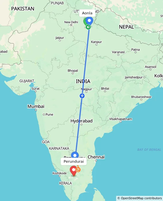 Route map showing distance and travel time from Aonla, India to Perundurai, India