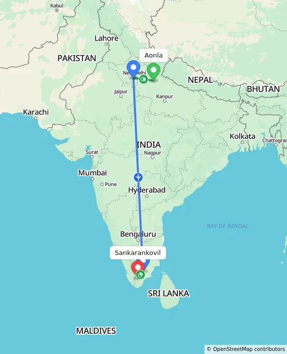 Route map showing distance and travel time from Aonla, India to Sankarankovil, India