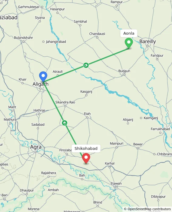 Route map showing distance and travel time from Aonla, India to Shikohabad, India