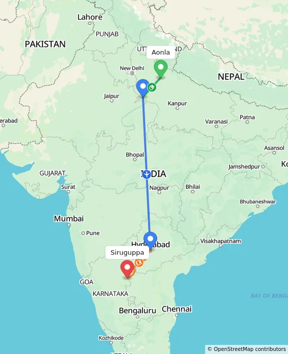 Route map showing distance and travel time from Aonla, India to Siruguppa, India