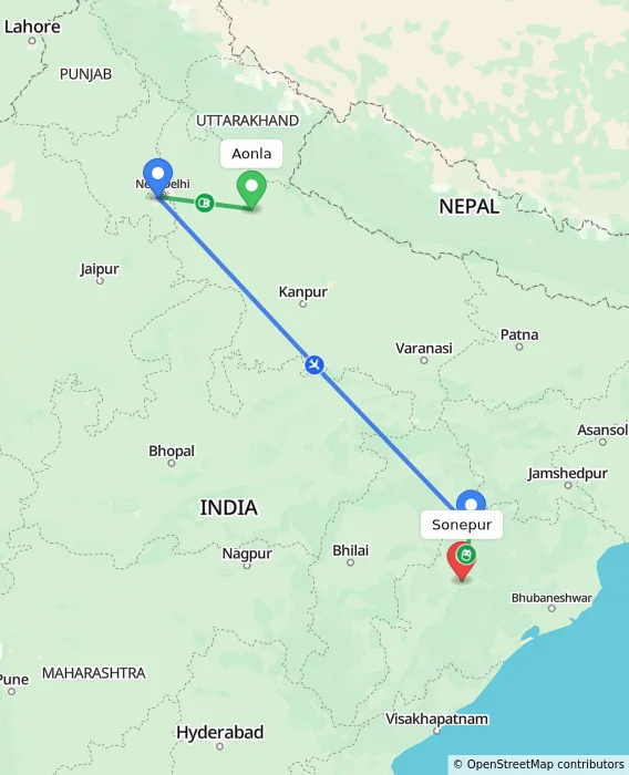 Route map showing distance and travel time from Aonla, India to Sonepur, India