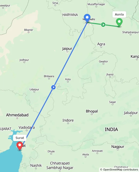 Route map showing distance and travel time from Aonla, India to Surat, India