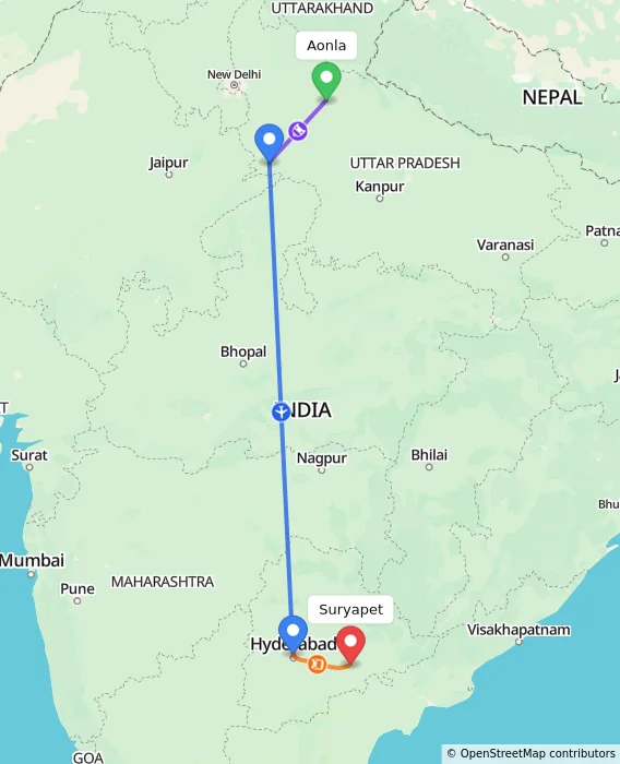 Route map showing distance and travel time from Aonla, India to Suryapet, India