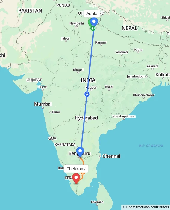 Route map showing distance and travel time from Aonla, India to Thekkady, India