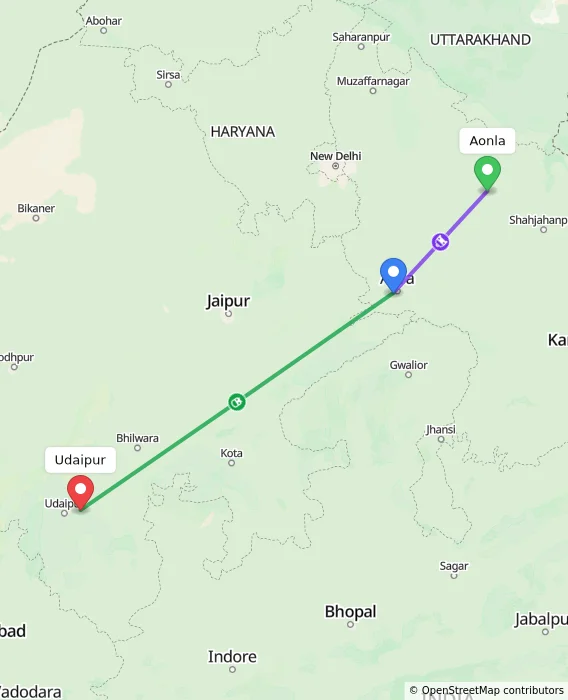 Route map showing distance and travel time from Aonla, India to Udaipur, India