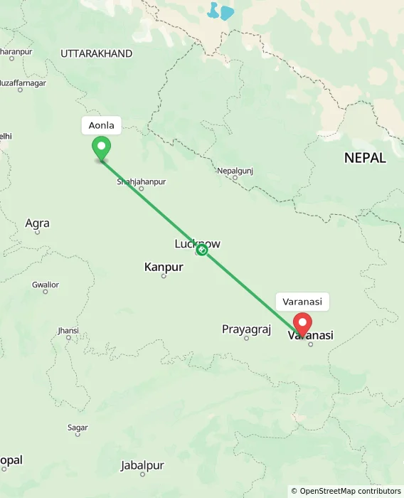 Route map showing distance and travel time from Aonla, India to Varanasi, India