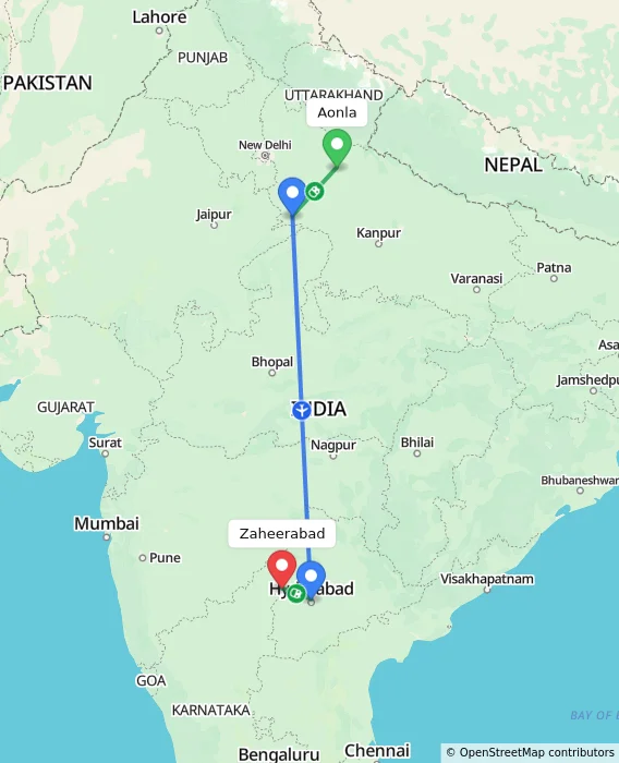 Route map showing distance and travel time from Aonla, India to Zaheerabad, India