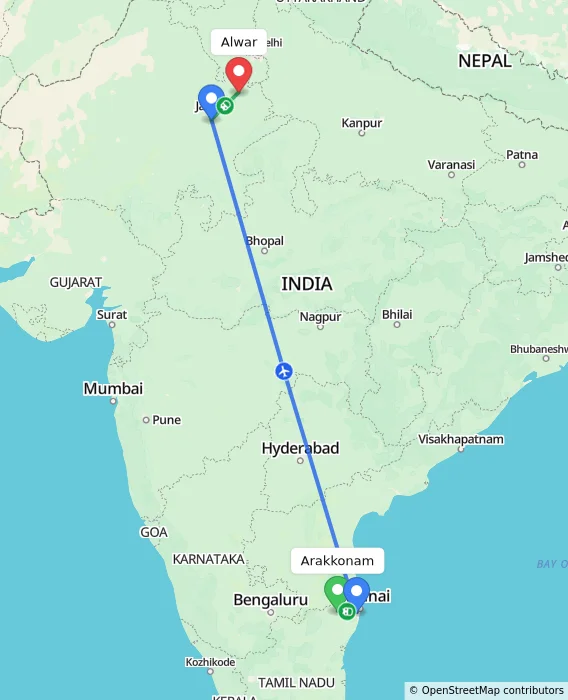 Route map showing distance and travel time from Arakkonam, India to Alwar, India