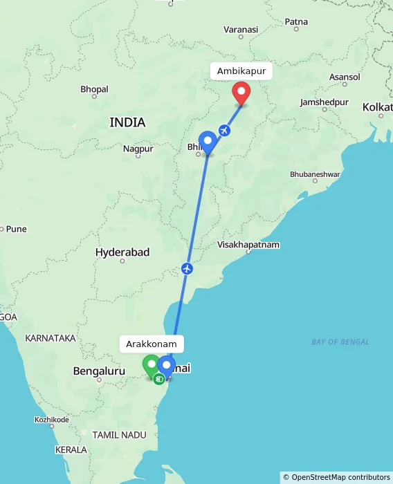Route map showing distance and travel time from Arakkonam, India to Ambikapur, India