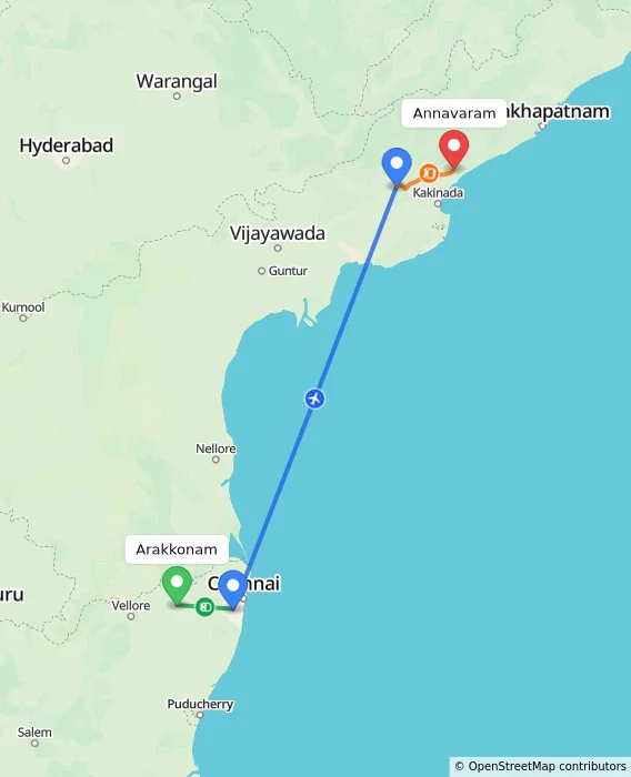 Route map showing distance and travel time from Arakkonam, India to Annavaram, India