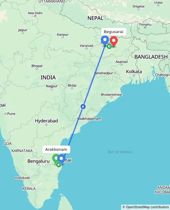 Route map showing distance and travel time from Arakkonam, India to Begusarai, India