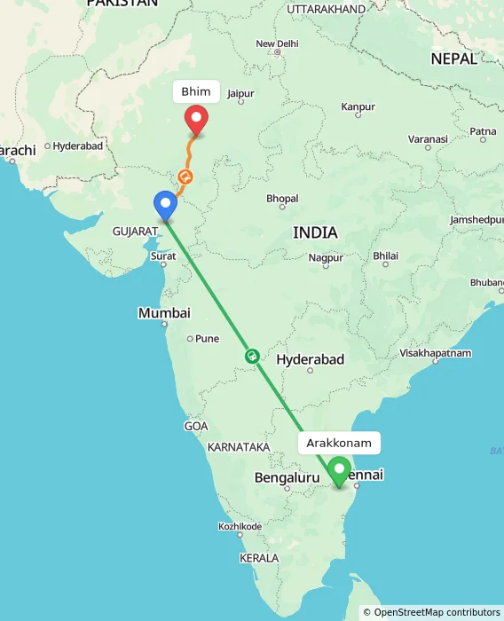 Route map showing distance and travel time from Arakkonam, India to Bhim, India