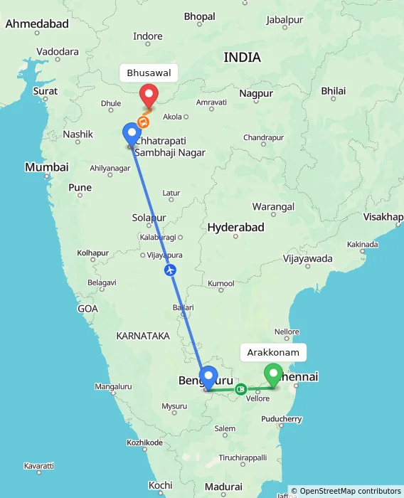 Route map showing distance and travel time from Arakkonam, India to Bhusawal, India