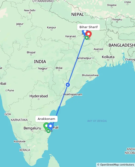 Route map showing distance and travel time from Arakkonam, India to Bihar Sharif, India