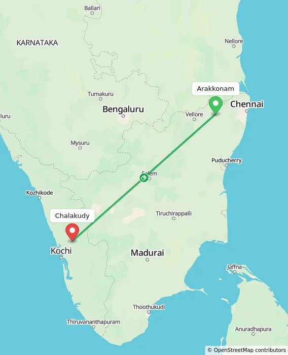 Route map showing distance and travel time from Arakkonam, India to Chalakudy, India
