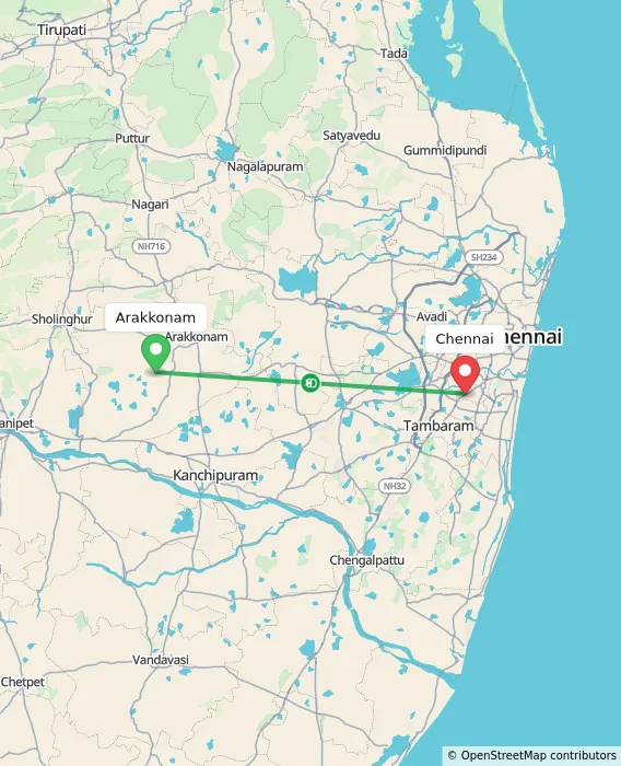 Route map showing distance and travel time from Arakkonam, India to Chennai, India