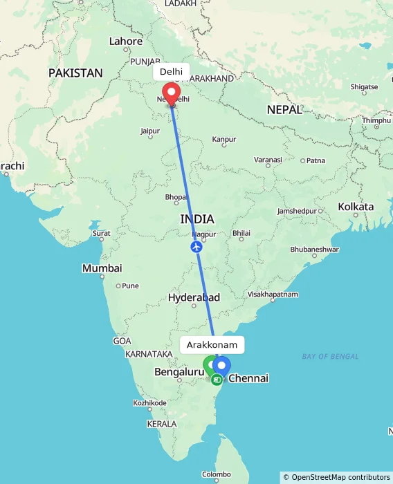 Route map showing distance and travel time from Arakkonam, India to Delhi, India