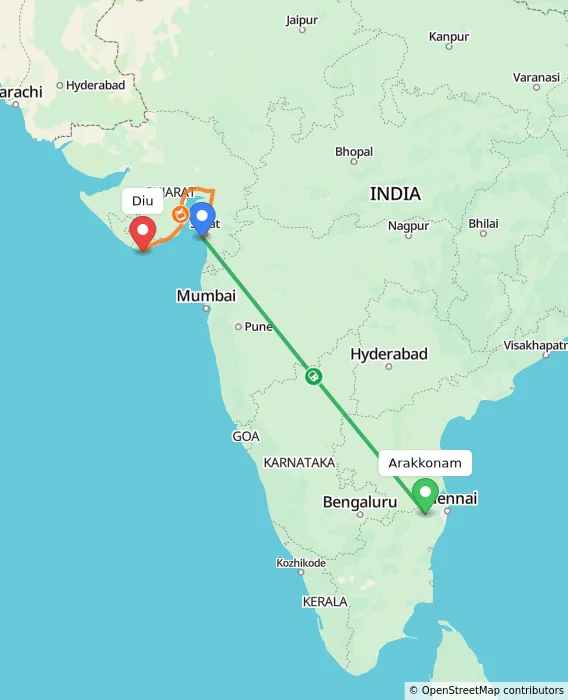 Route map showing distance and travel time from Arakkonam, India to Diu, India