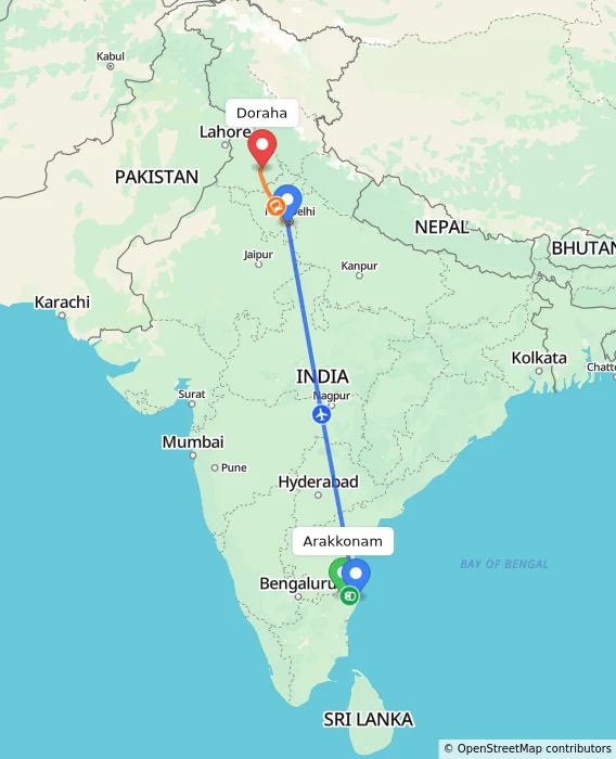 Route map showing distance and travel time from Arakkonam, India to Doraha, India