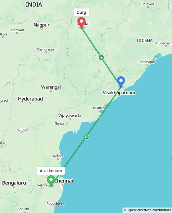 Route map showing distance and travel time from Arakkonam, India to Durg, India