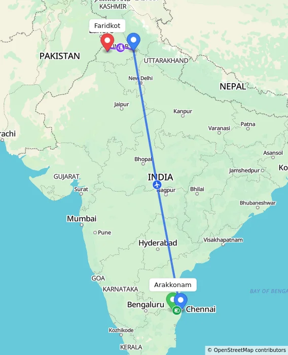 Route map showing distance and travel time from Arakkonam, India to Faridkot, India