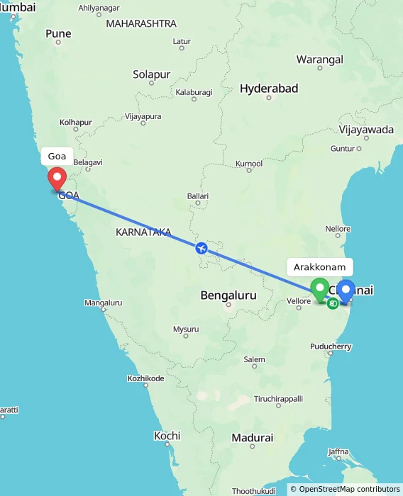 Route map showing distance and travel time from Arakkonam, India to Goa, India