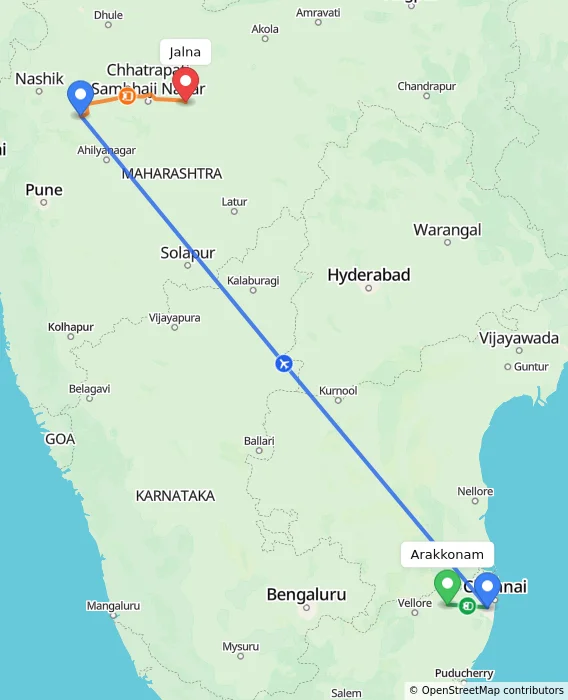 Route map showing distance and travel time from Arakkonam, India to Jalna, India